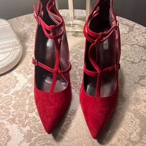 Red Suede T-Strap Pumps